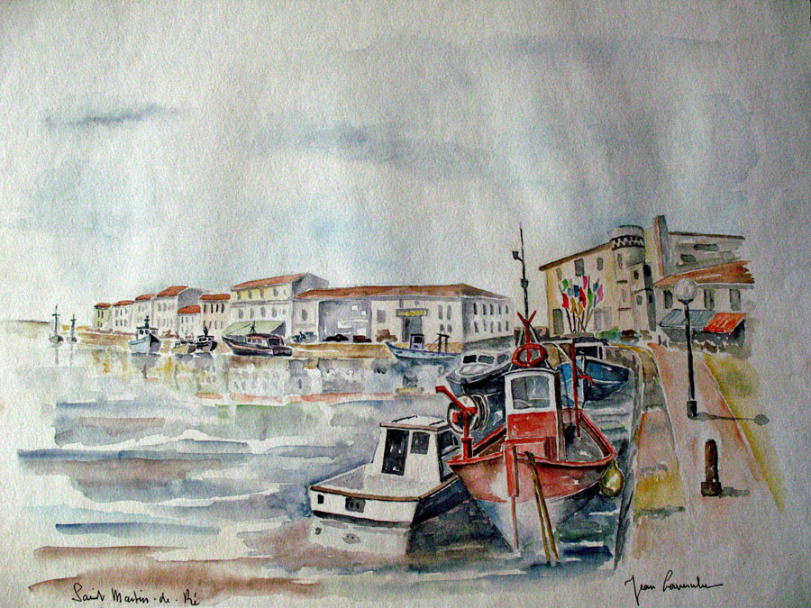 Le port de Saint Martin de Ré - Aquarelle de Jean LAVERNHE Le port de Saint Martin de Ré