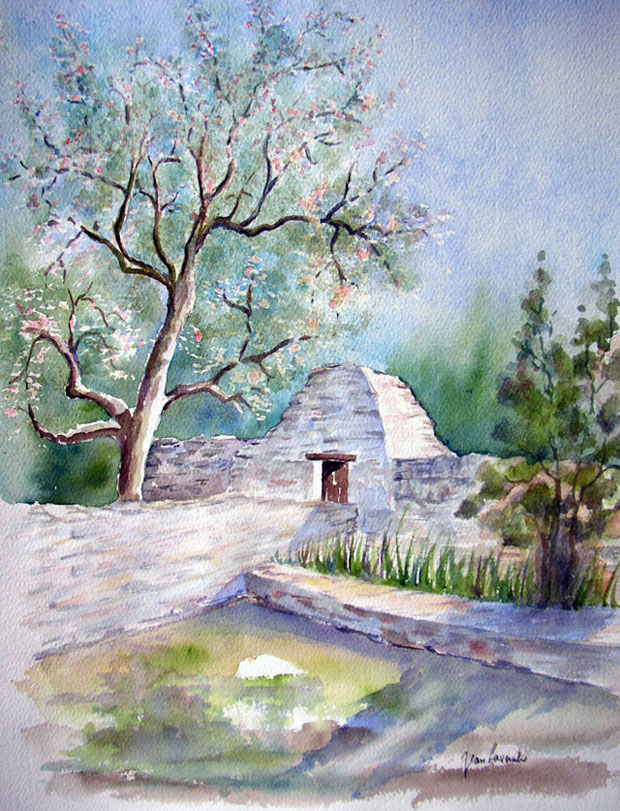 Une borie sous le Printemps de Provence - Aquarelle de Jean Lavernhe