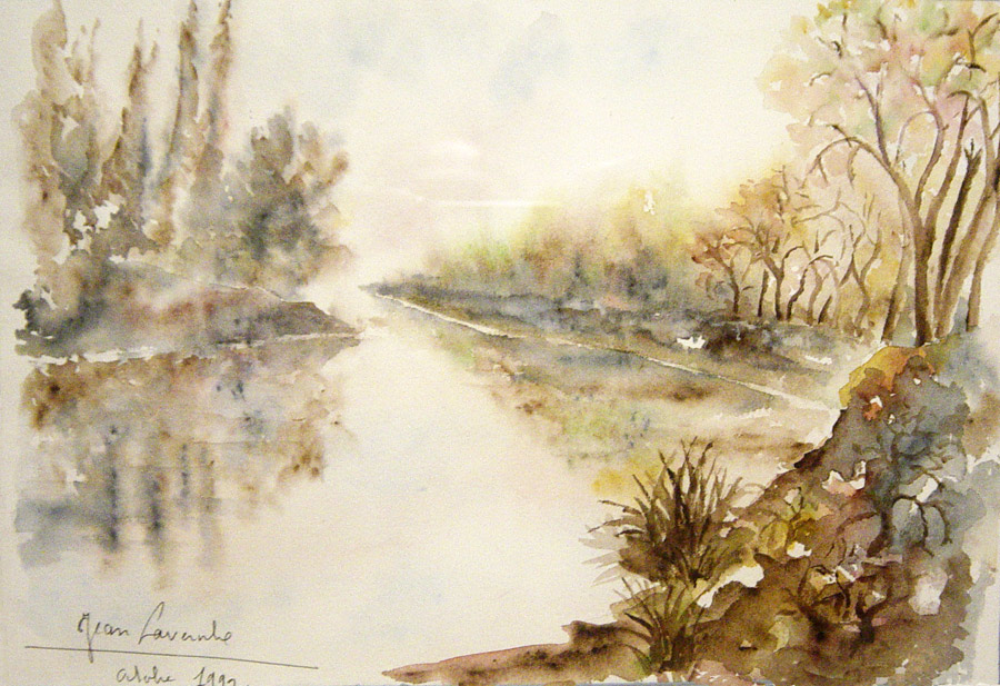 Paysage d'eau sous le couchant - Aquarelle de Jean LAVERNHE Paysage d'eau sous le couchant