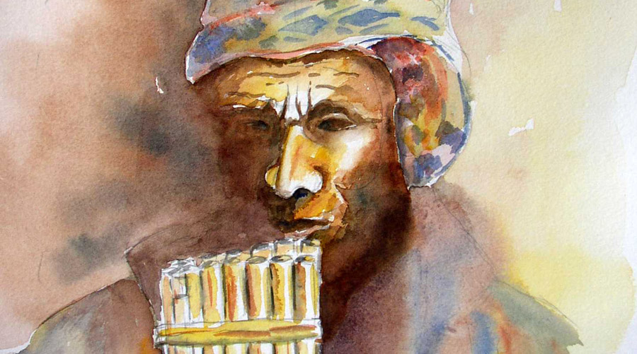 Le joueur de flute Inca - Aquarelles de J. LAVERNHE