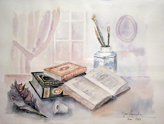 Les livres. Aquarelle de Jean LAVERNHE - Chansons et Mp3