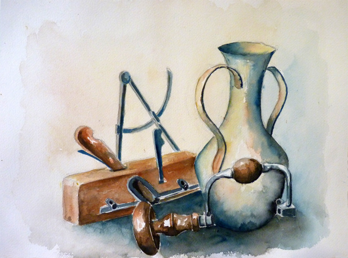 Les outils du temps jadis - Aquarelle de Jean LAVERNHE Les outils du temps jadis