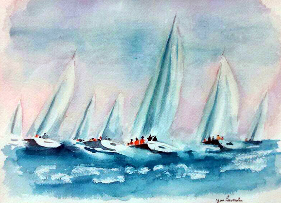 Les voiliers en régate - Aquarelle de Jean LAVERNHE Les voiliers en régate