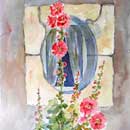 'Les roses trémieres' : Aquarelle de J. LAVERNHE