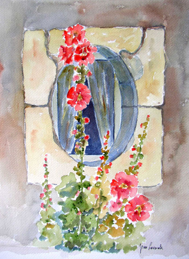 Les roses trémières - Aquarelle de Jean LAVERNHE Les roses trémières