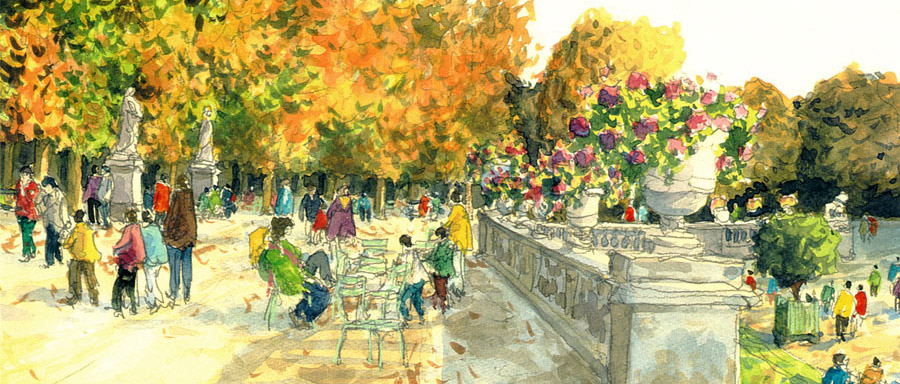 Chanson illustrée par le Jardin du Luxembourg - Aquarelle de J-C. Decoudun