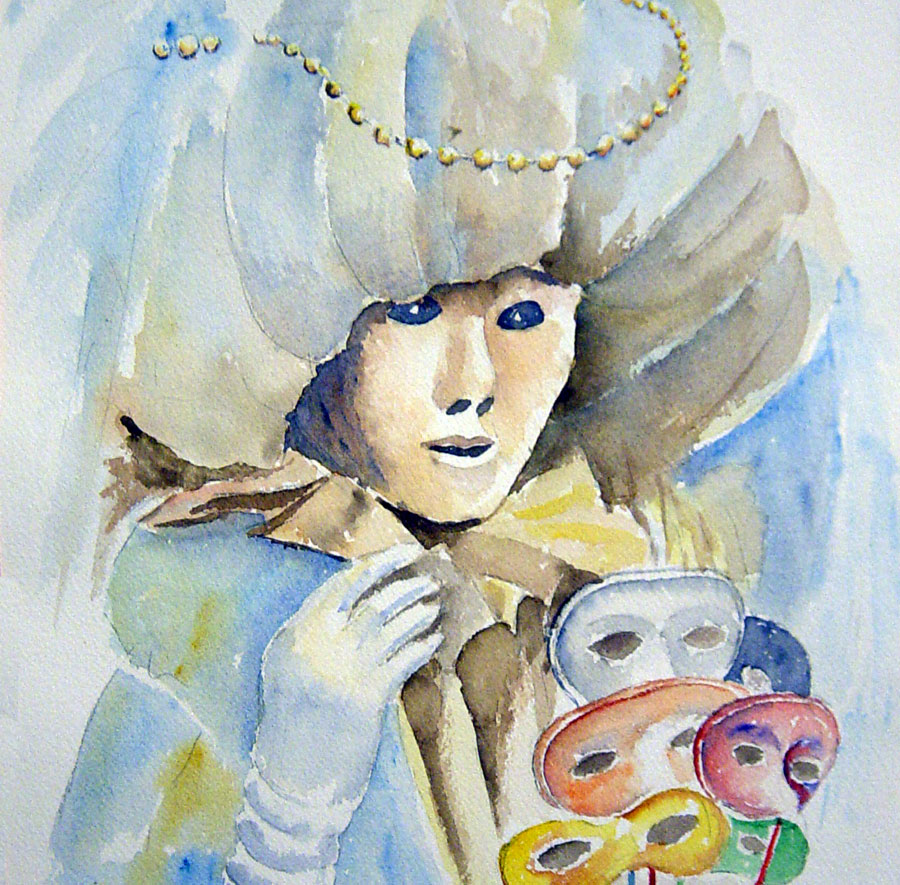 Au bal masqué (Carnaval de Venise) - Aquarelle de J. Lavernhe