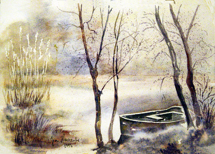 Quiétude sur le lac - Aquarelle de J. Lavernhe