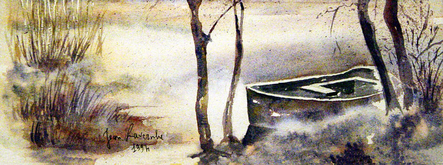 Quiétude sur le lac - Aquarelle de J. Lavernhe