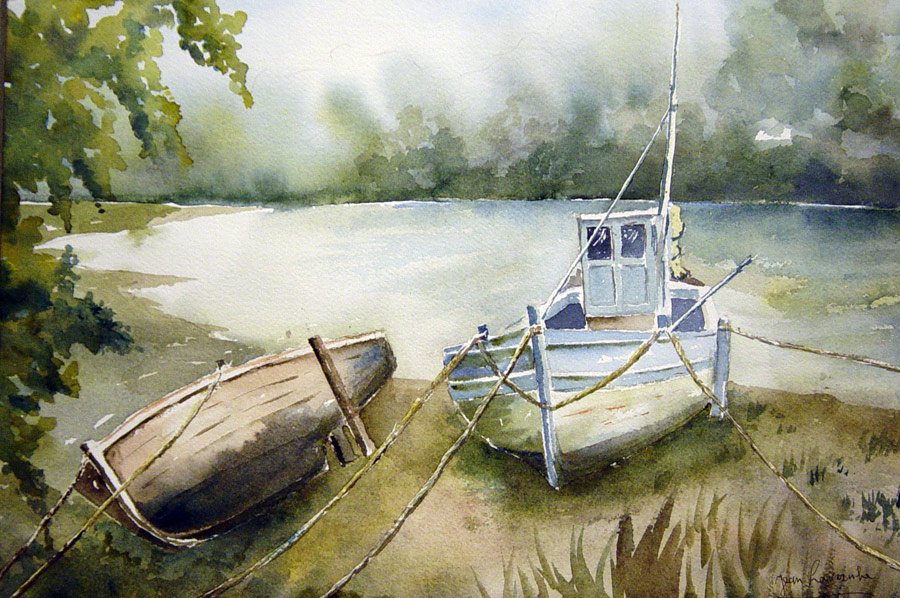 Le bateau de pecheur à l'échouage Bateau échoué à l'ile de Ré - Aquarelle marine
