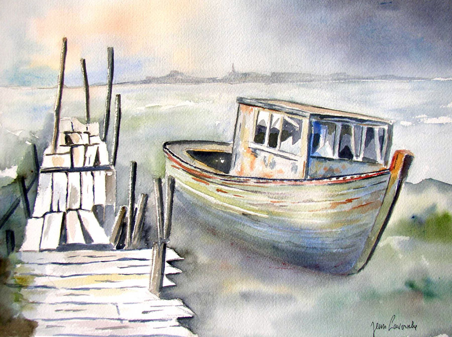 Le bateau de pecheurà l'abandon - Aquarelle de J. Lavernhe