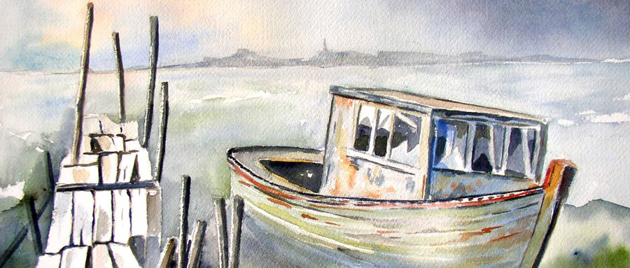 Le bateau de pecheur à quai - Aquarelle de J. Lavernhe