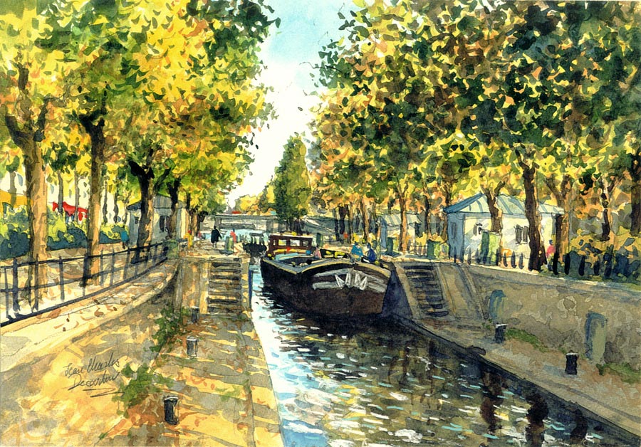 Le canal Saint Martin (Paris) - Aquarelle de J-C. Decoudun