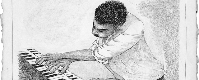 Jimmy Smith aux claviers - Dessin de J. Dordenne Chanson d'amour illustée par un dessin de J. Dordenne :Jimmy Smith.