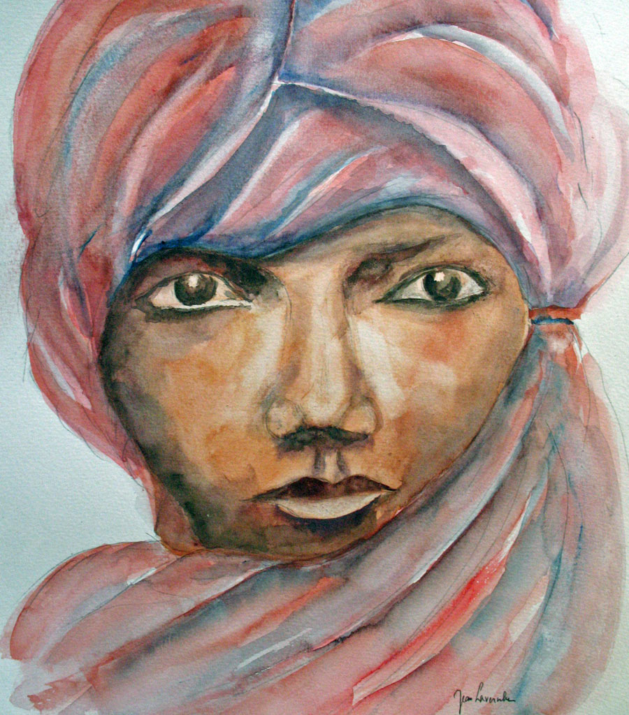 Portrait d'une jeune femme Berbère - Aquarelle marine