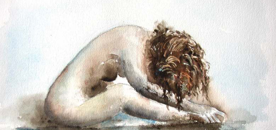 La femme nue au réveil - Aquarelle de Jean Lavernhe