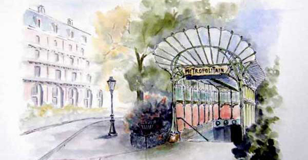 Le métro de la Porte Dauphine - Aquarelle de J. Lavernhe