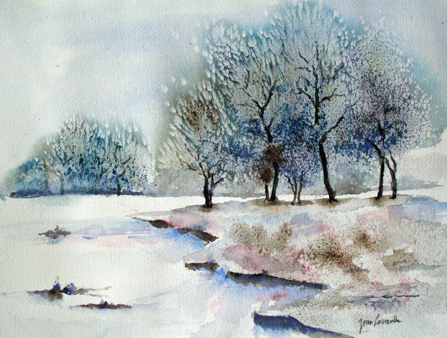 Paysage d'hiver sous la neige - Aquarelle marine