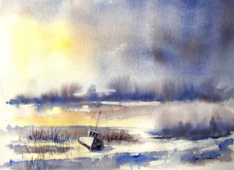 Bateau échoué à l'île de Ré l'hiver L'île de Ré l'hiver - Aquarelle de J. Lavernhe