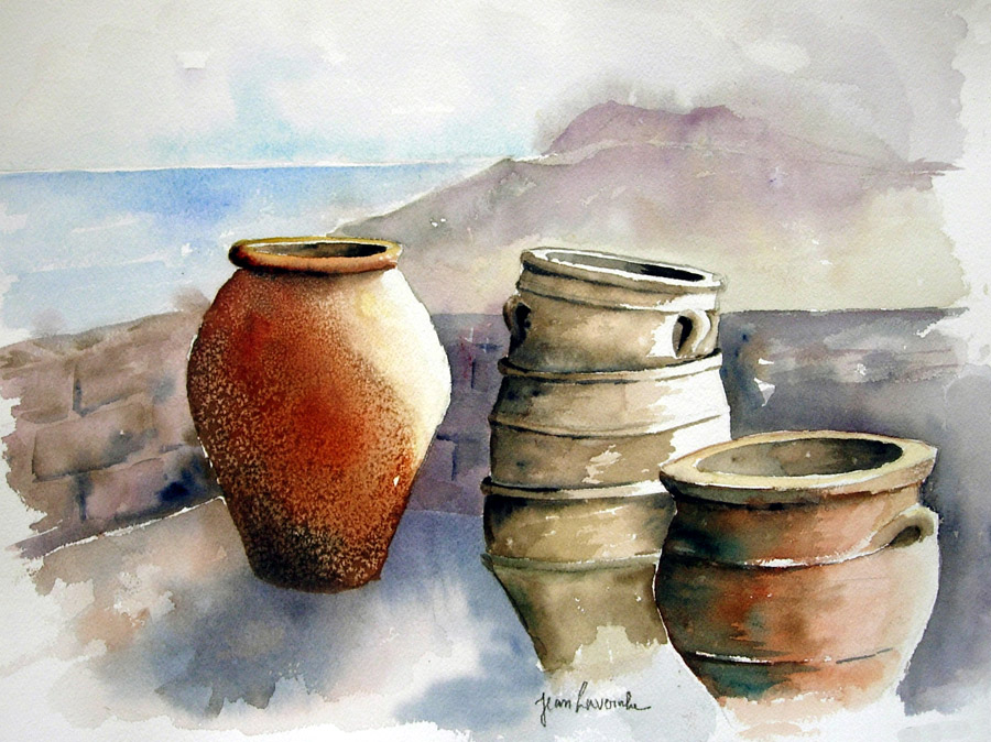 Les jarres de Syfnos Les vieilles poteries - Aquarelle de J. Lavernhe