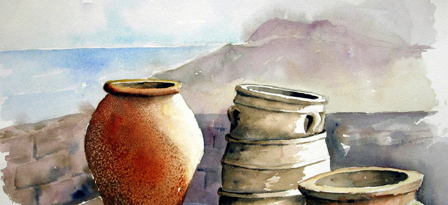 Les vieilles poteries : Jarres à Sifnos - Aquarelle de J. Lavernhe