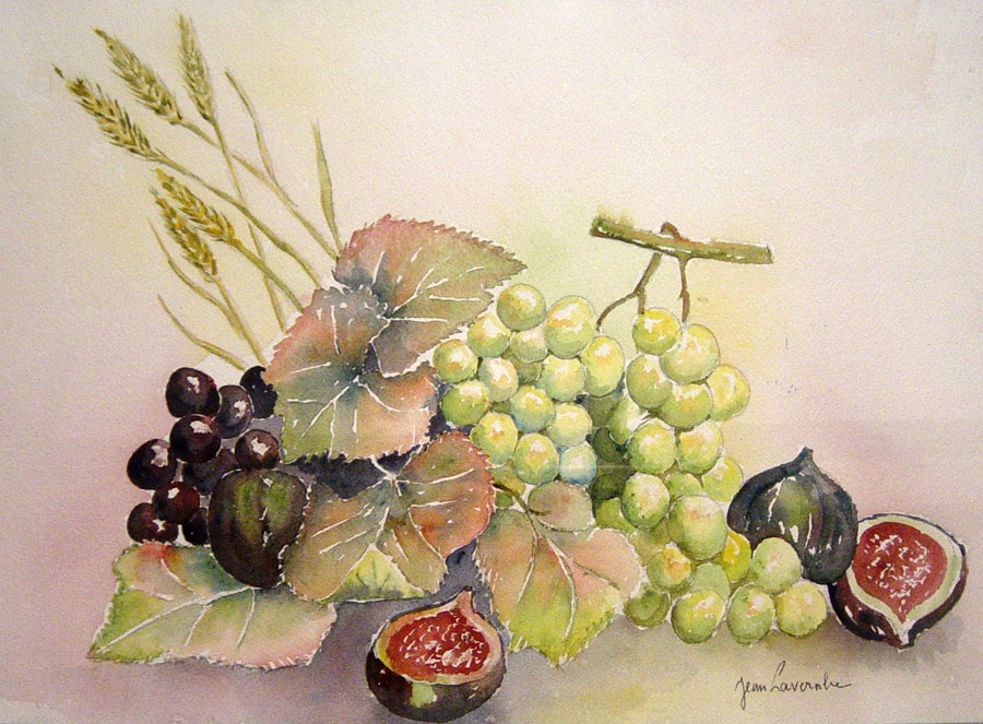 Figues et raisins - Aquarelle de J. LAVERNHE Figues et raisins