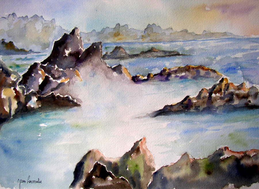 Vagues et récifs bretons - Aquarelle marine