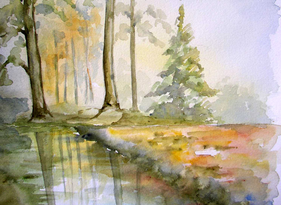 La forêt au petit matin Reflets dans la forêt - Aquarelle de J. Lavernhe