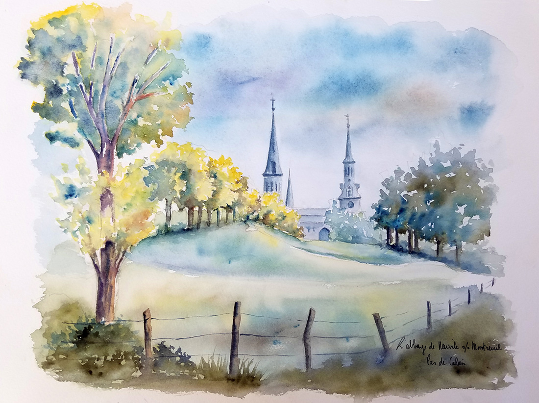 Abbaye de Neuville sous Montreuil - Aquarelle de J. Lavernhe Abbaye de Neuville sous Montreuil