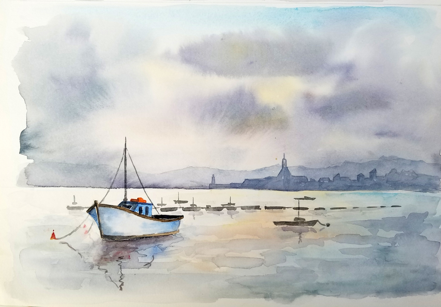 Au mouillage, calme et sérénité - Aquarelle de J. Lavernhe Au mouillage, calme et sérénité