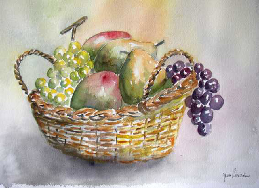 La corbeille de fruits - Aquarelle de J. Lavernhe La corbeille de fruits mûrs