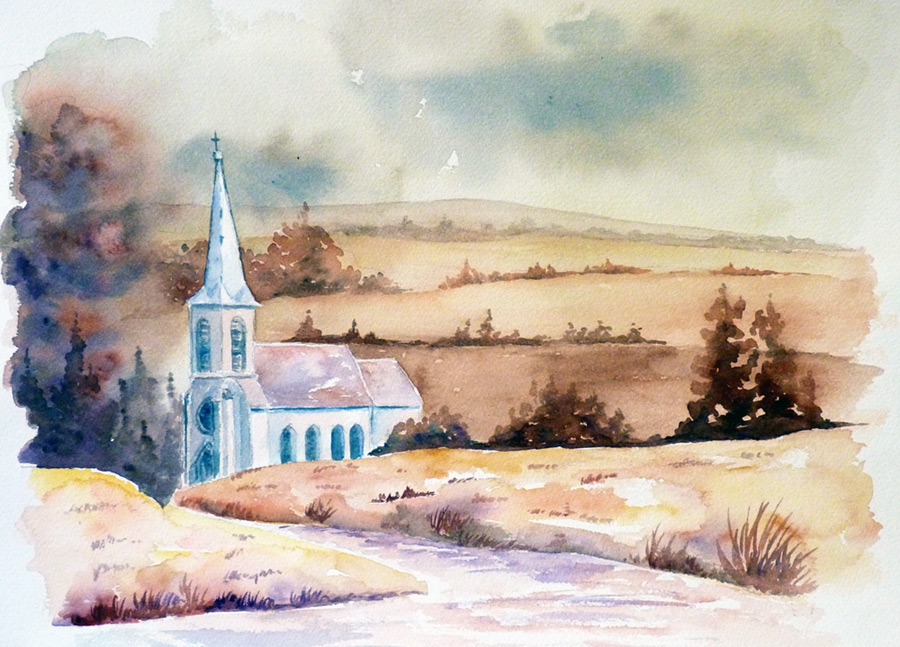 L'église du village - Aquarelle de J. Lavernhe L'église du village