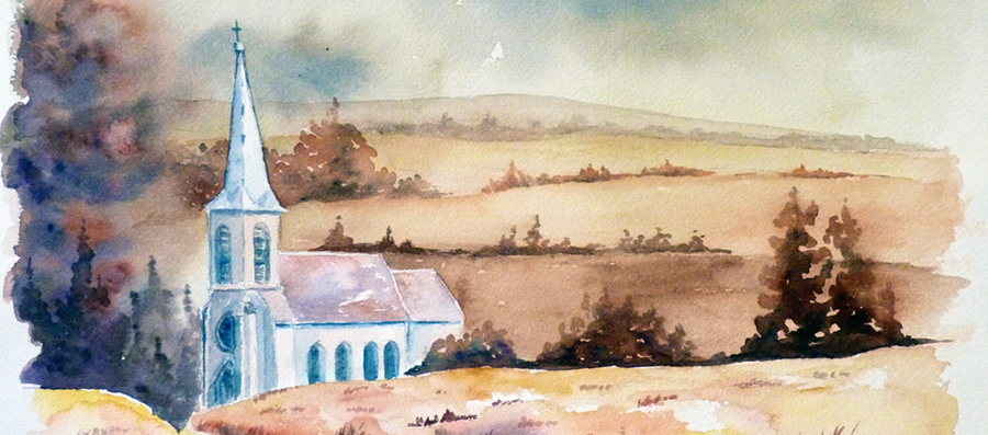 L'église du village - Aquarelle de Jean Lavernhe