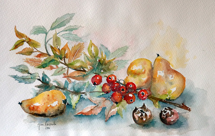 Les fruits de la nature - Aquarelle de J. Lavernhe Les fruits de la nature