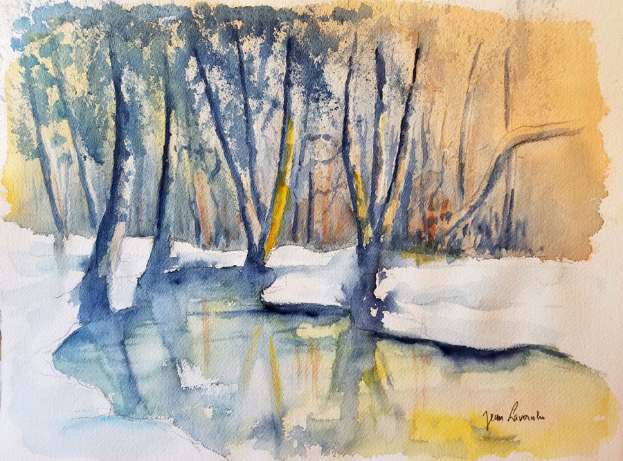 Forêt sous le soleil hivernal - Aquarelle de J. Lavernhe Forêt sous le soleil hivernal
