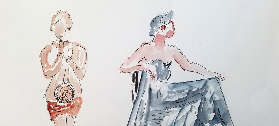 En attendant le défilé de mode - Aquarelle de J. Lavernhe