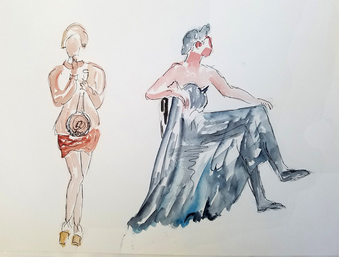 En attendant le défilé - Aquarelle de J. Lavernhe En attendant le défilé de mode