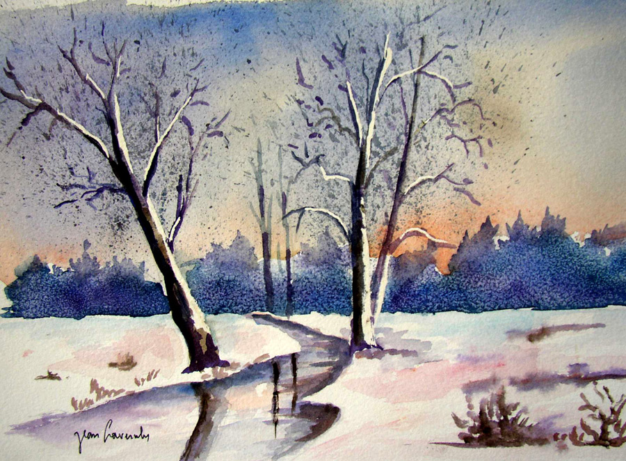 Paysage hivernal - Aquarelle de J. Lavernhe Paysage hivernal