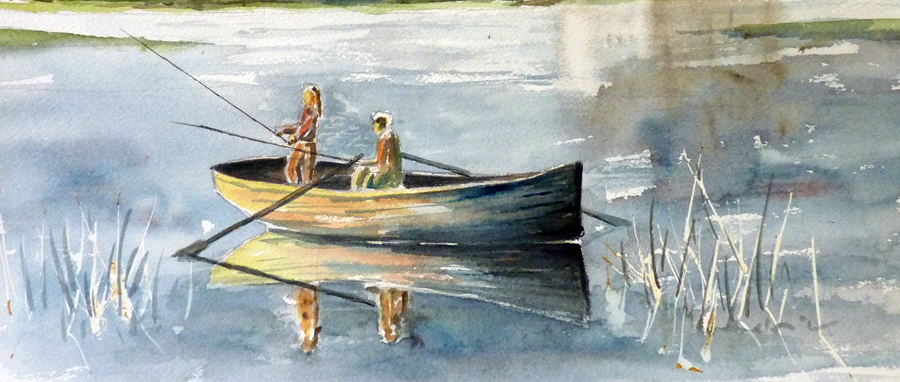 Pêcheurs du dimanche - Aquarelle de J. Lavernhe