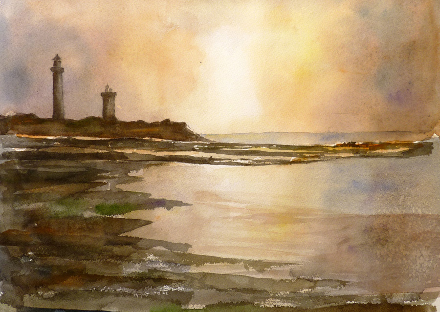 Le phare des baleines, Ile de Ré - Aquarelle de J. Lavernhe Le phare des baleines, Ile de Ré