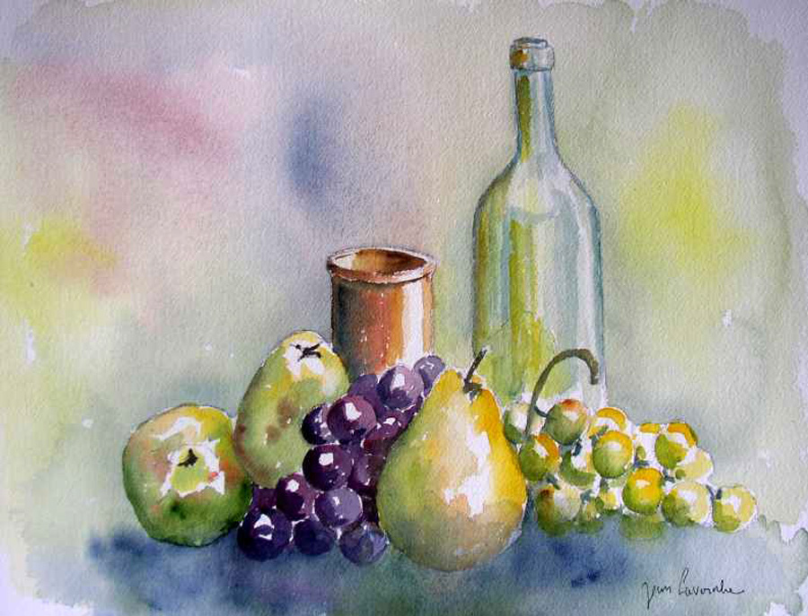 Parfum de fruits : poires et raisins - Aquarelle de J. Lavernhe Poires et raisins