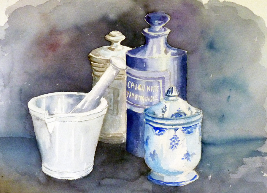 La préparation de l'apothicaire - Aquarelle de J. Lavernhe La préparation de l'apothicaire