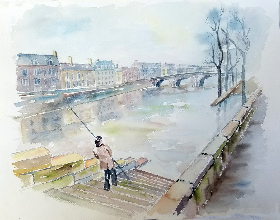 Les quais de la Seine à Paris - Aquarelle de J. Lavernhe Les quais de la Seine à Paris