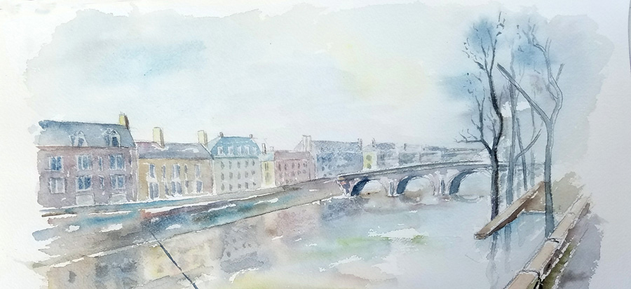 Les quais de la Seine à Paris - Aquarelle de Jean Lavernhe