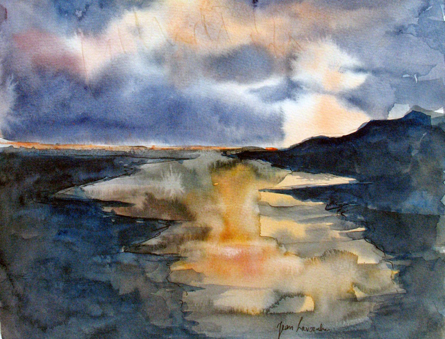 Reflêts sur l'eau - Aquarelle de J. Lavernhe Couché de soleil - Reflêts sur l'eau