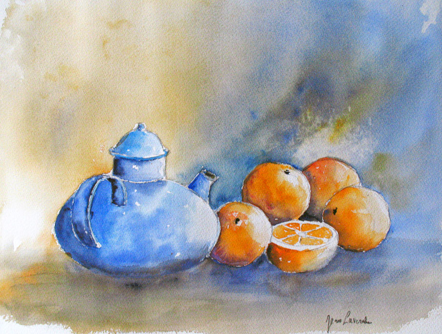 Théière et oranges - Aquarelle de J. Lavernhe Théière et oranges