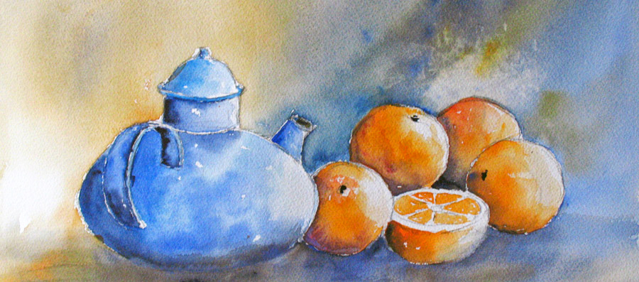 Théière et oanges - Aquarelle de J. Lavernhe