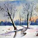 Aquarelle de J. Lavernhe : Paysage sous la neige - Chansons et Mp3