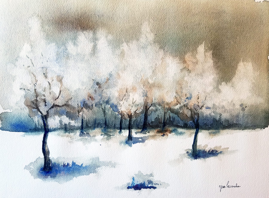 Paysage sous la neige - Aquarelle de Jean Lavernhe