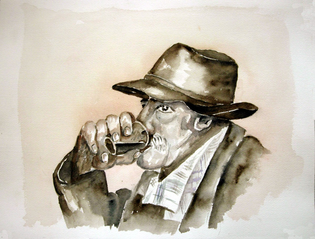 Le vieil homme. Aquarelle de J.LAVERNHE